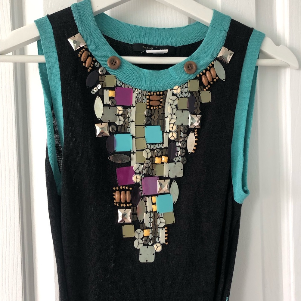 VTG Sleeveless Small dress in black teal 2 buttoned pockets Belt Cotton Rayon